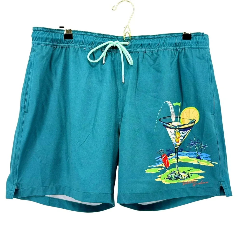 Robert Graham Mens Golf Martini Swim Trunks Teal Stretch Board Shorts XL NEW $98